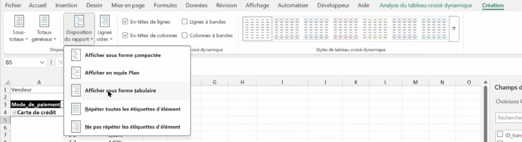 Changer la disposition d'un rapport sur Excel