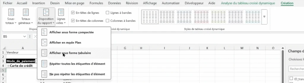 Changer la disposition d'un rapport sur Excel