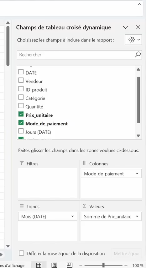 Exemple de données sélectionnées pour créer un Tableau Croisé Dynamique Excel