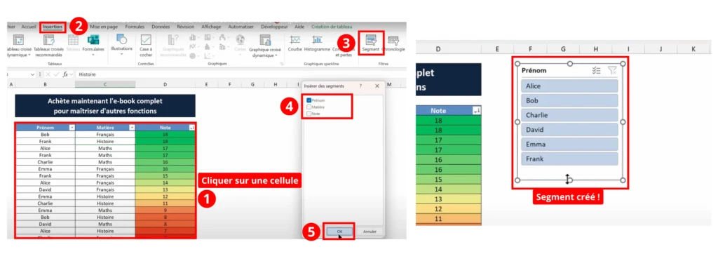 Insérer un segment pour les filtrer les données d'un tableau Excel