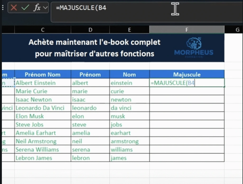 Mettre les noms en majuscule avec la formule MAJUSCULE sur Excel