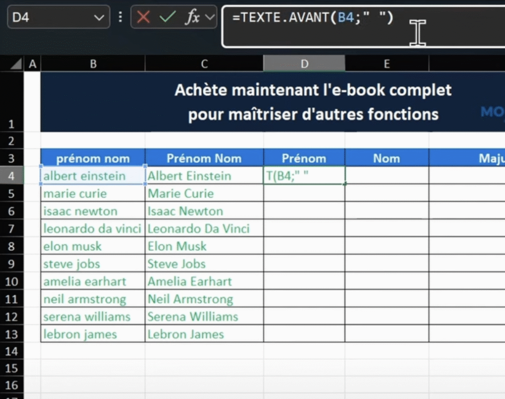 Séparer le nom et prénom avec la formule TEXTE.AVANT sur Excel