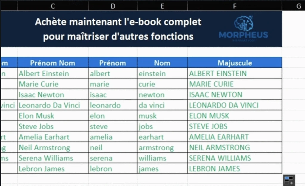 Tableau Excel avec noms et prénoms formatés automatiquement