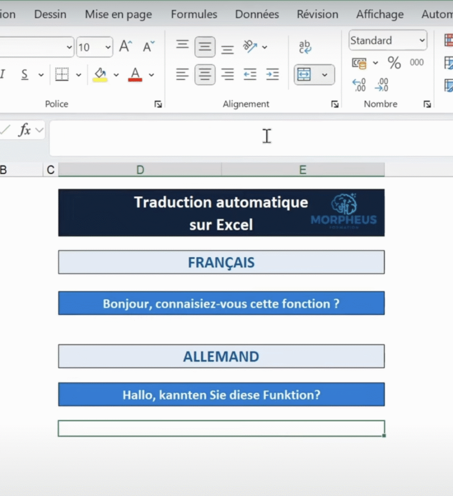Texte traduit du Français à l'Allemand sur Excel