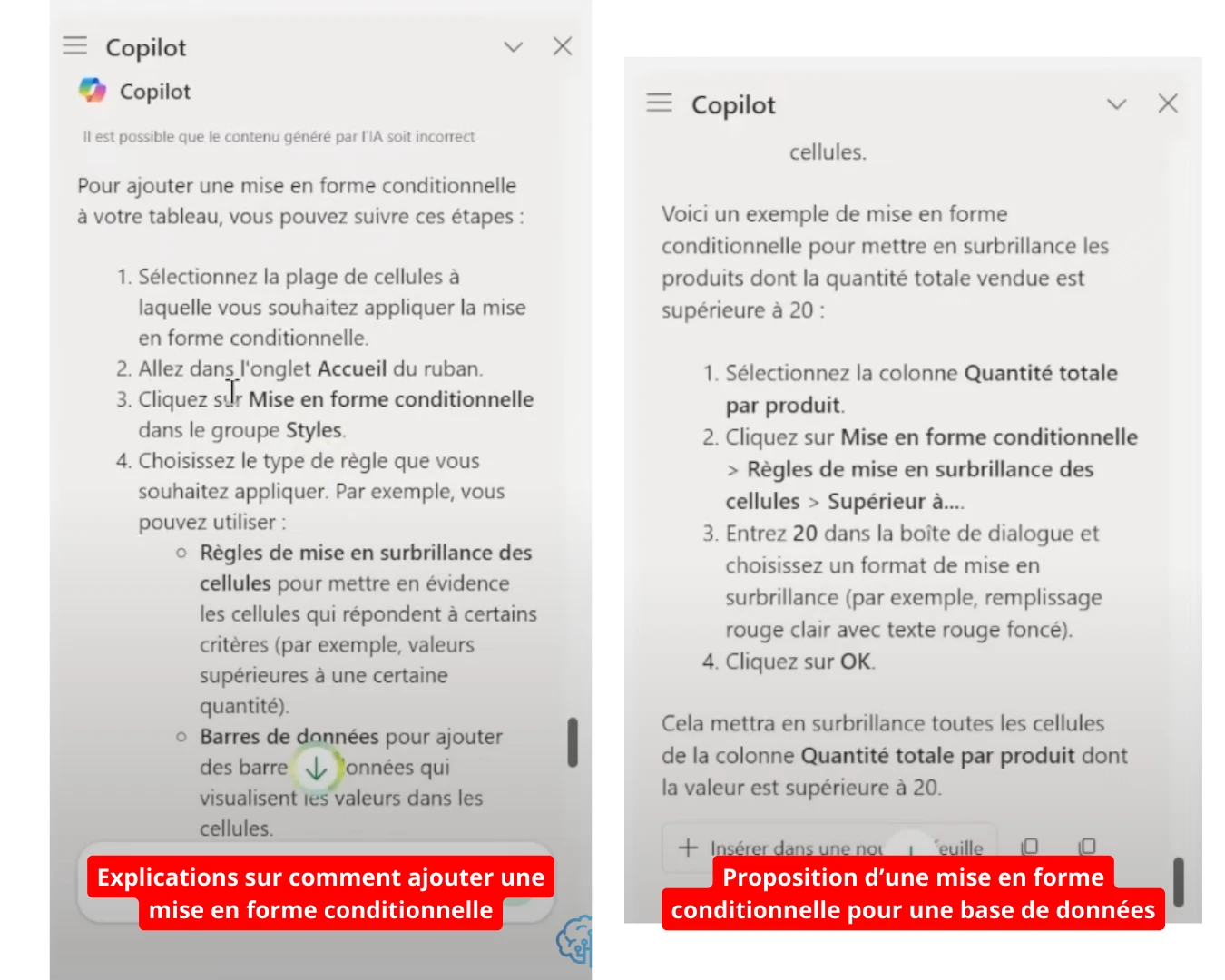 Extrait d'une explication sur comment ajouter une mise en forme conditionnelle ainsi qu'une proposition