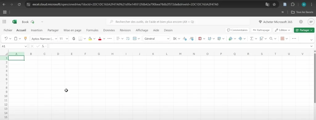 Interface d'Excel en ligne