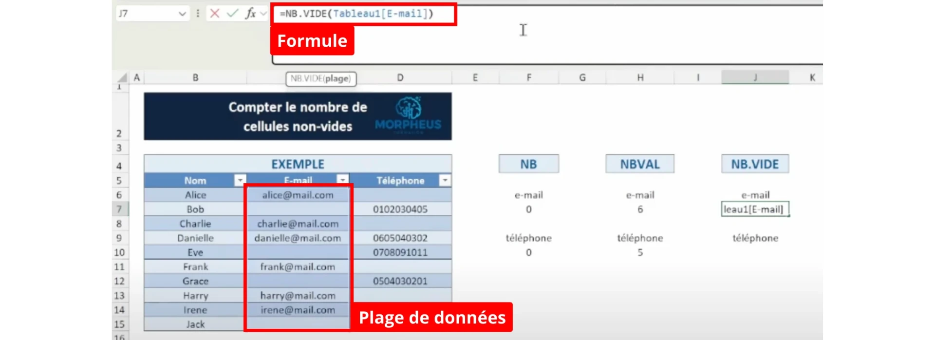 Compter le nombre de cellules vides sur Excel avec NB.VIDE