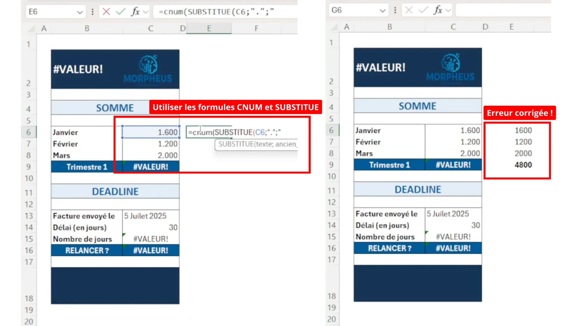 Corriger l'erreur Excel #Valeur! avec les formules CNUM et SUBSTITUE