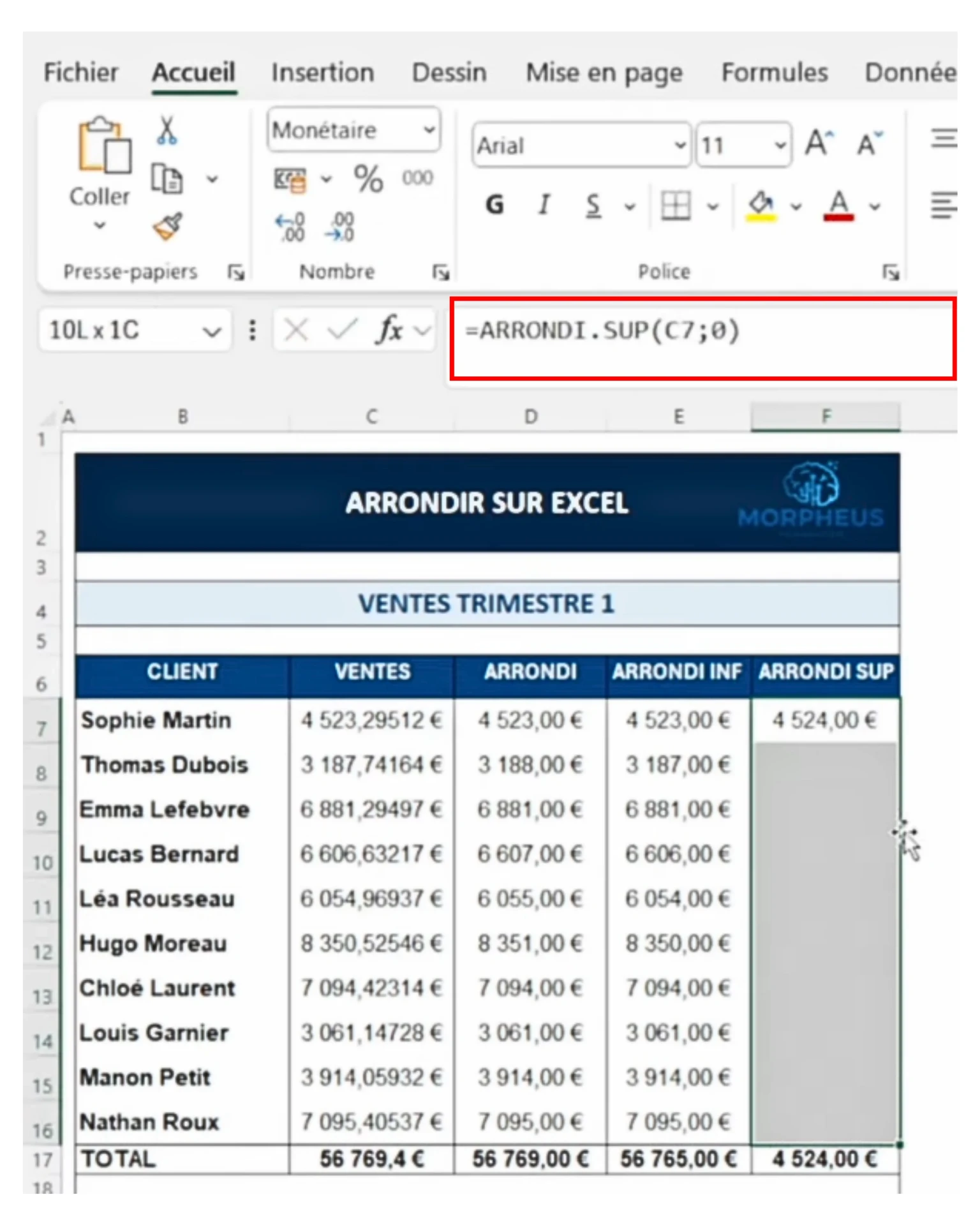 Utiliser la fonction ARRONDI.SUP pour arrondir des données excel