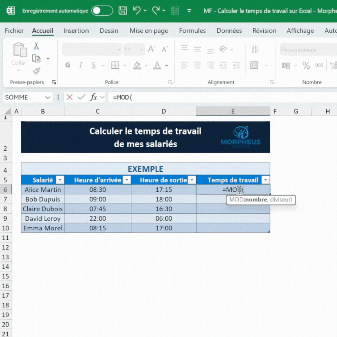 Calculer ses heures de travail dans la journée sur Excel avec MOD