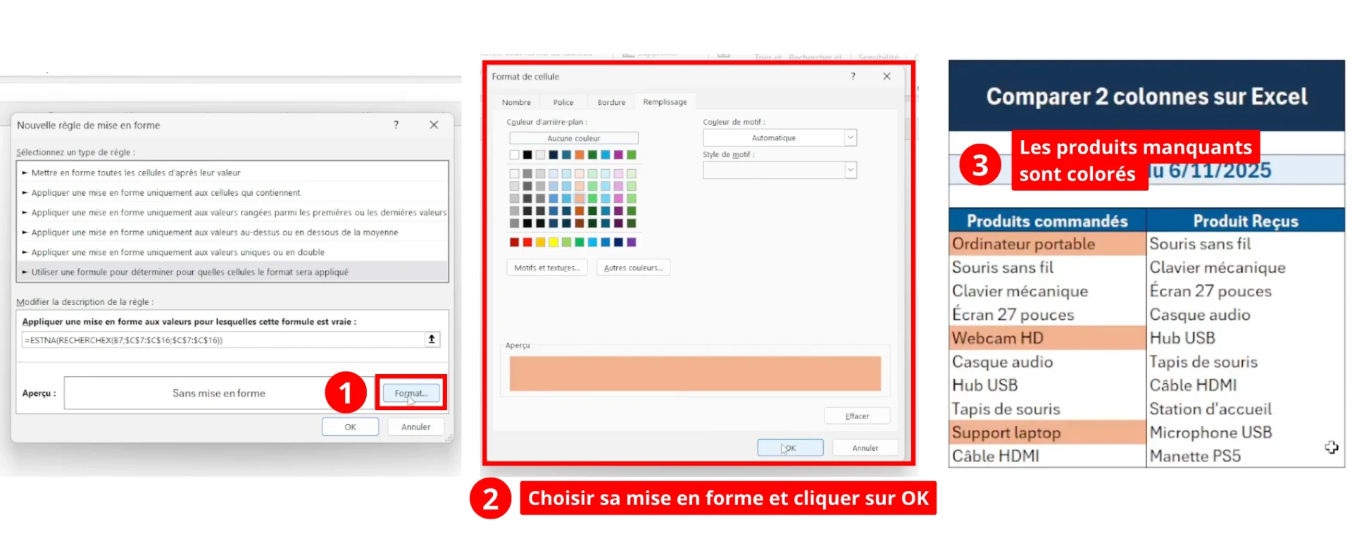 Créer la mise en forme conditionnelle pour mettre en valeur les différences entre deux colonnes sur Excel