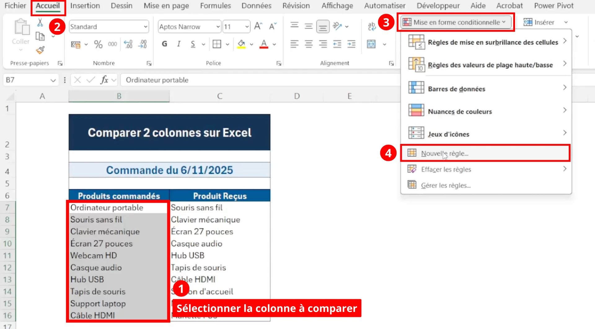Mettre les différences entre deux colonnes excel avec la mise en forme conditionnelle