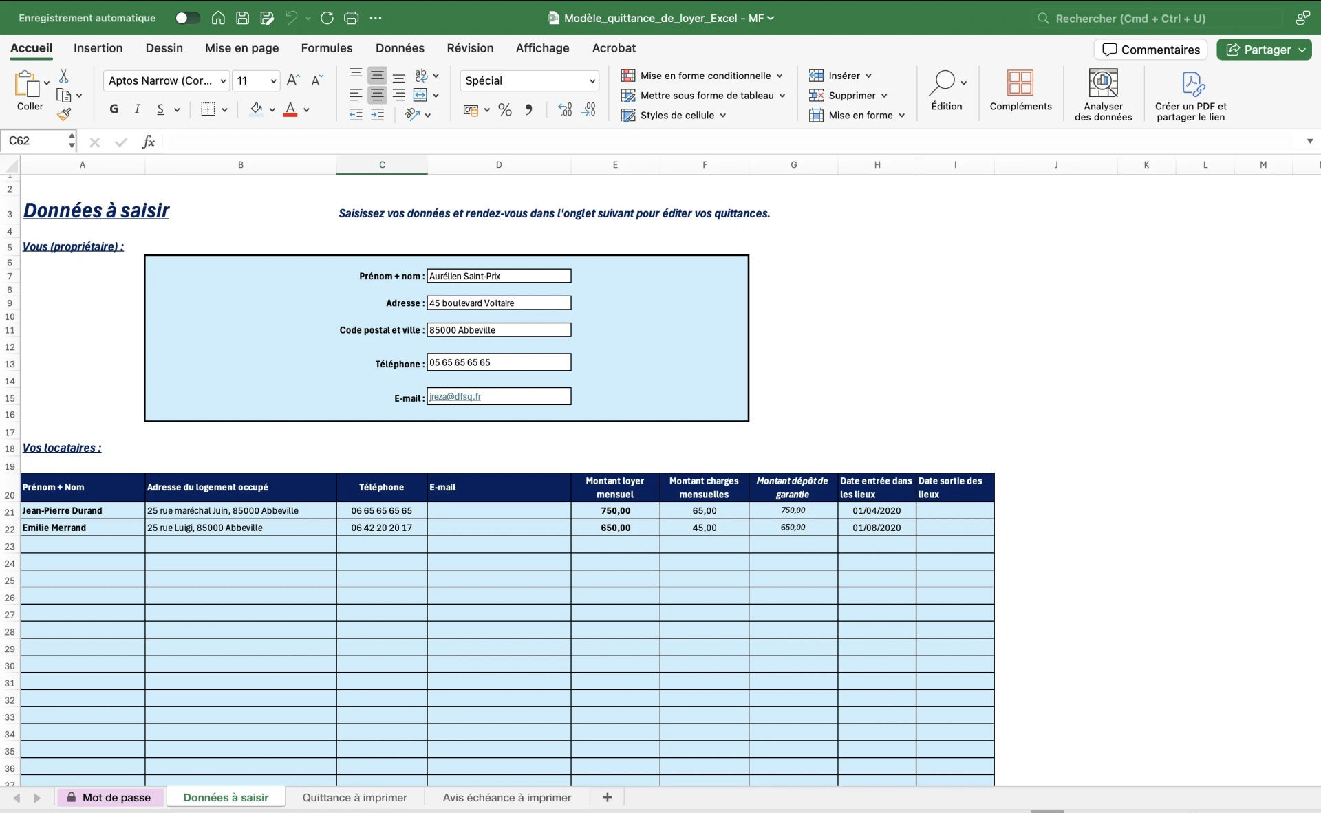 Onglet des informations à saisir pour la quittance du loyer Excel