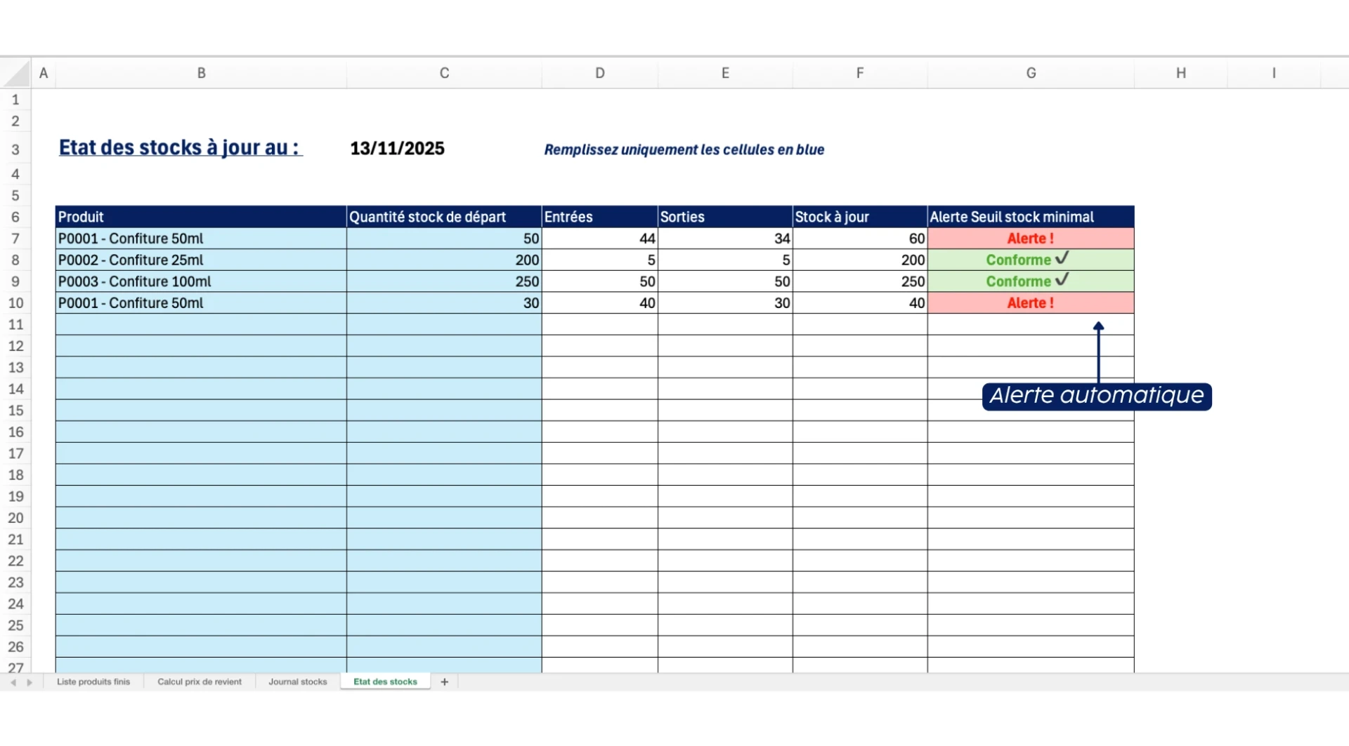 Présentation template Excel gestion de stock État des stocks à jour et alertes