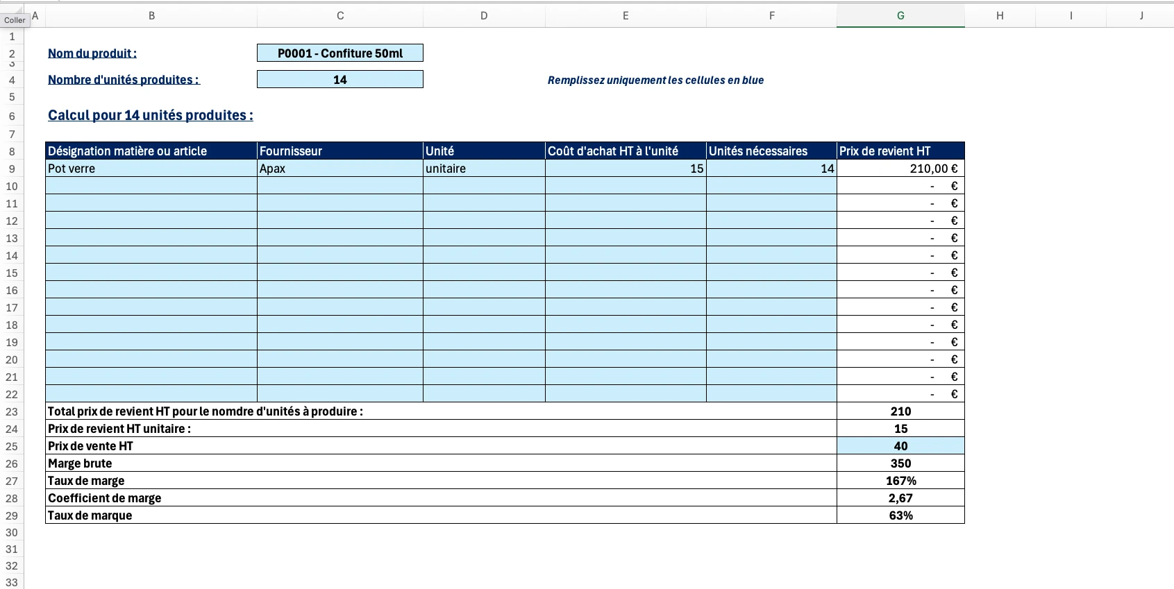 Présentation template Excel gestion de stock - onglet calcul coût de revient