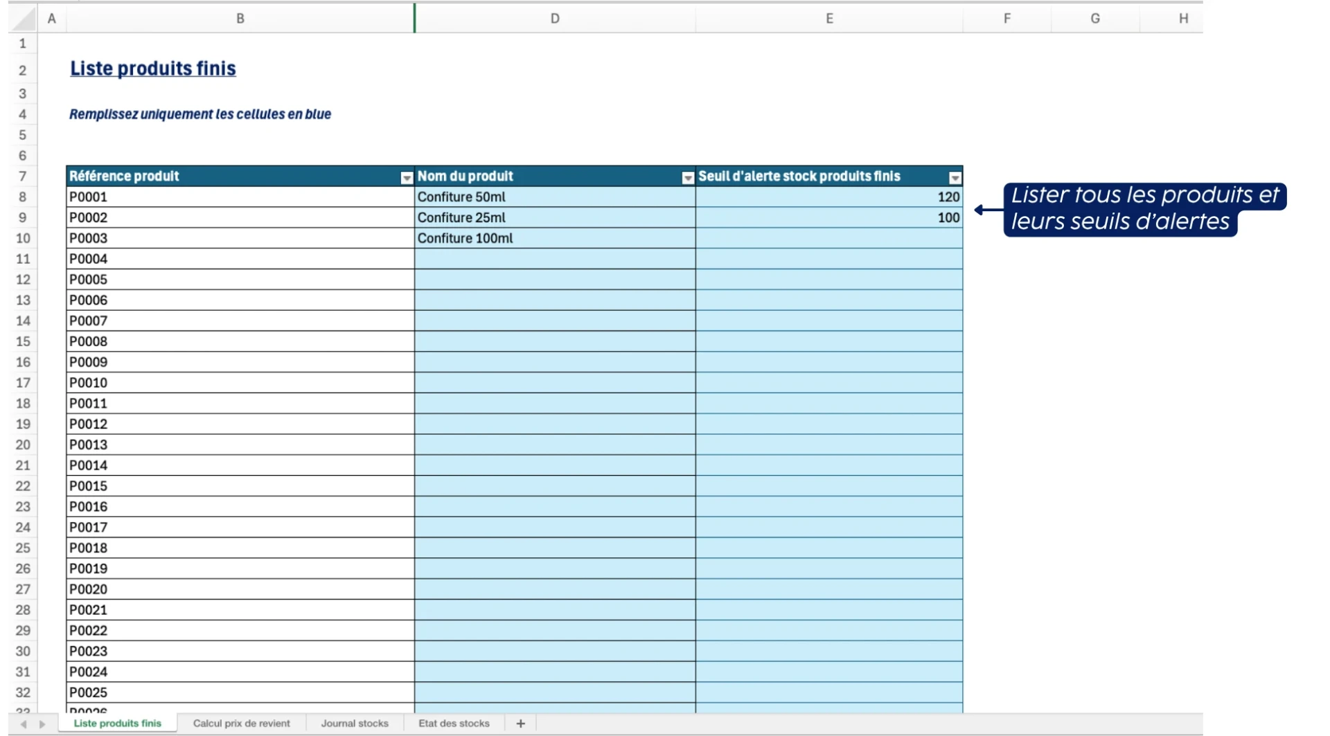 Présentation template gestion de stock Excel Liste des produits finis
