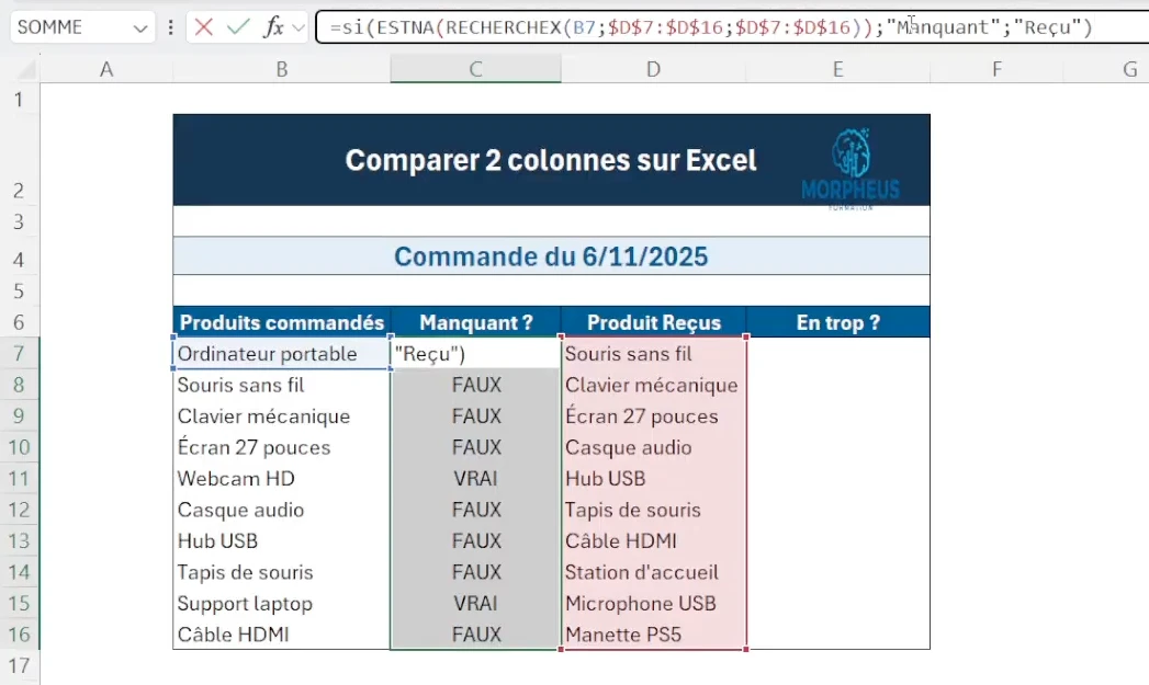 Rendre la comparaison entre deux colonnes Excel avec la fonction si et estna