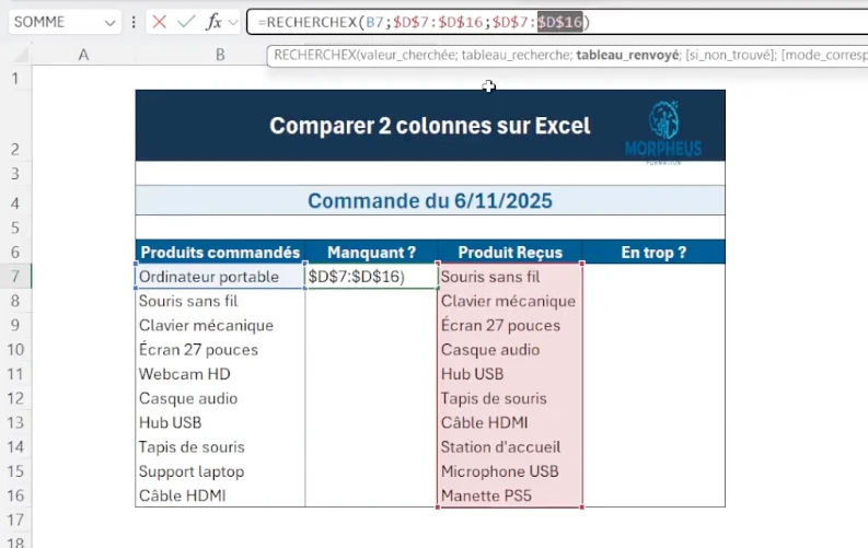 Utilisation de la formule RECHERCHEX sur Excel pour comparer deux colonnes