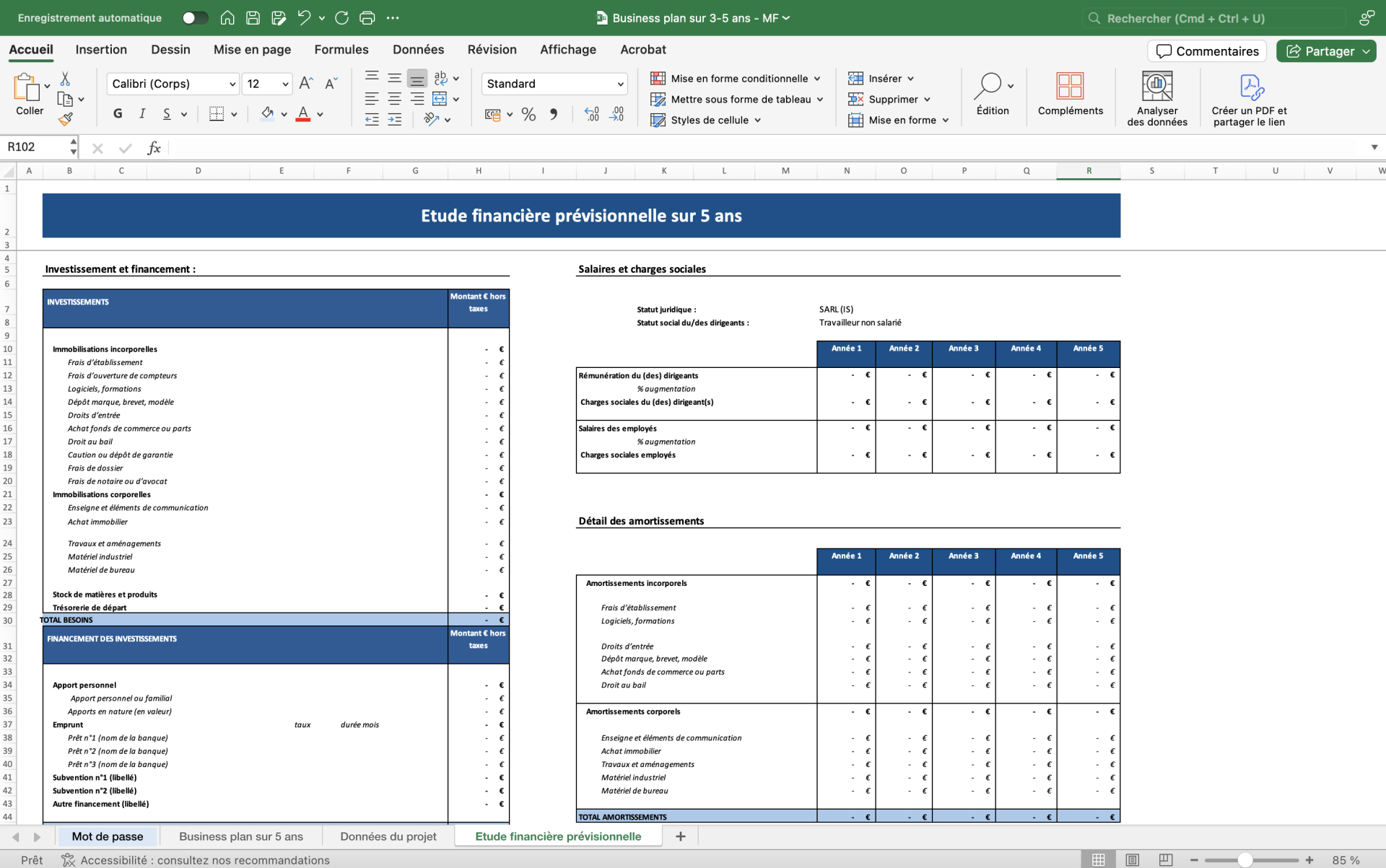 Modèle business plan Excel - Onglet étude financière prévisionnelle