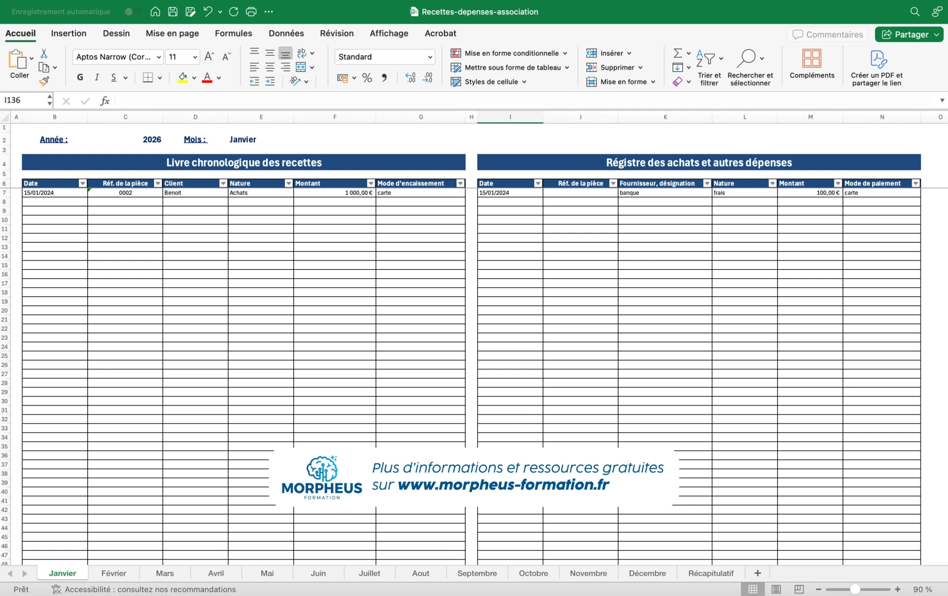 Livre des recettes et dépenses entreprise sur Excel : tableau à télécharger