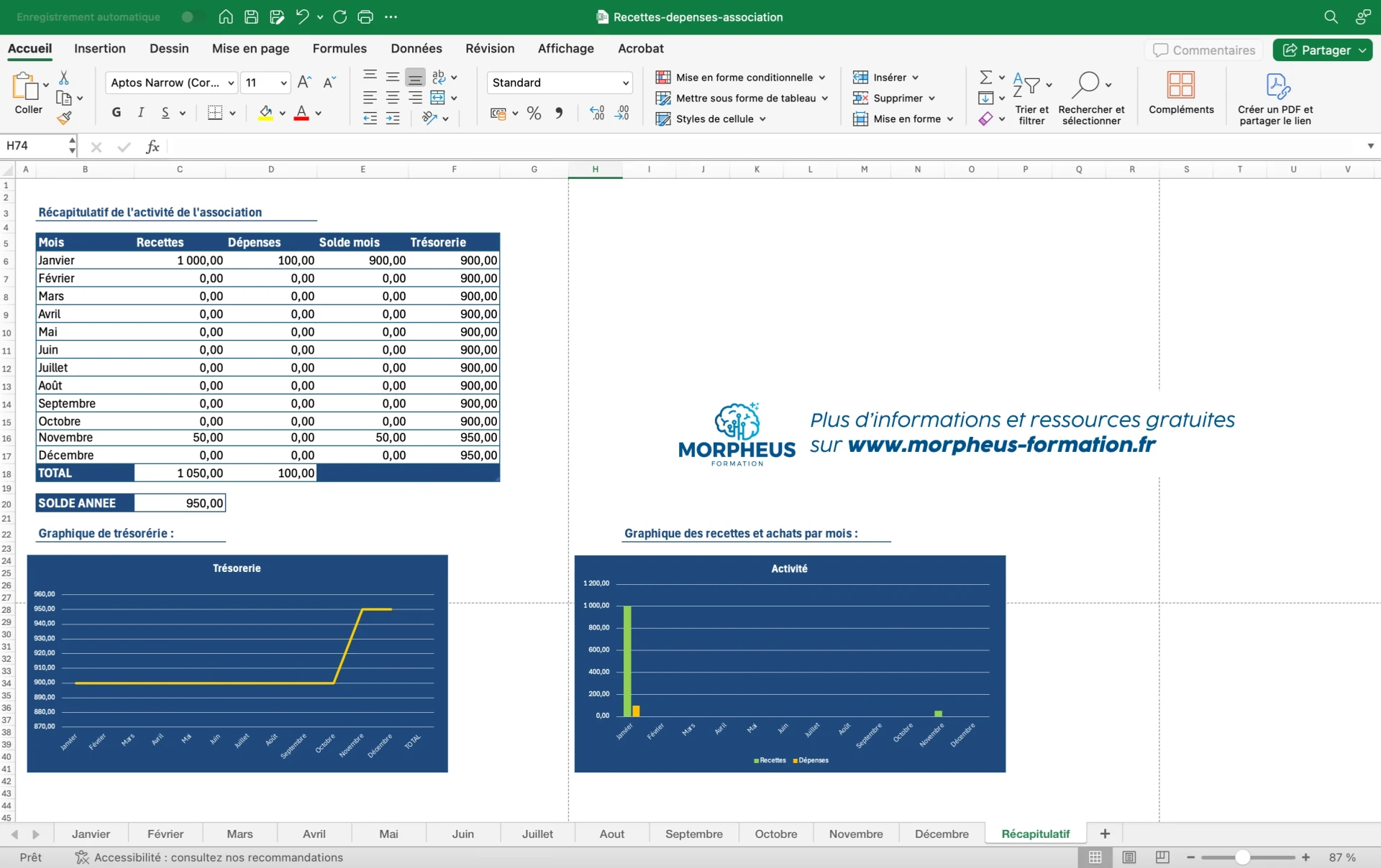 Tableau et graphiques récapitulatifs des dépenses et des recettes sur l'année Excel