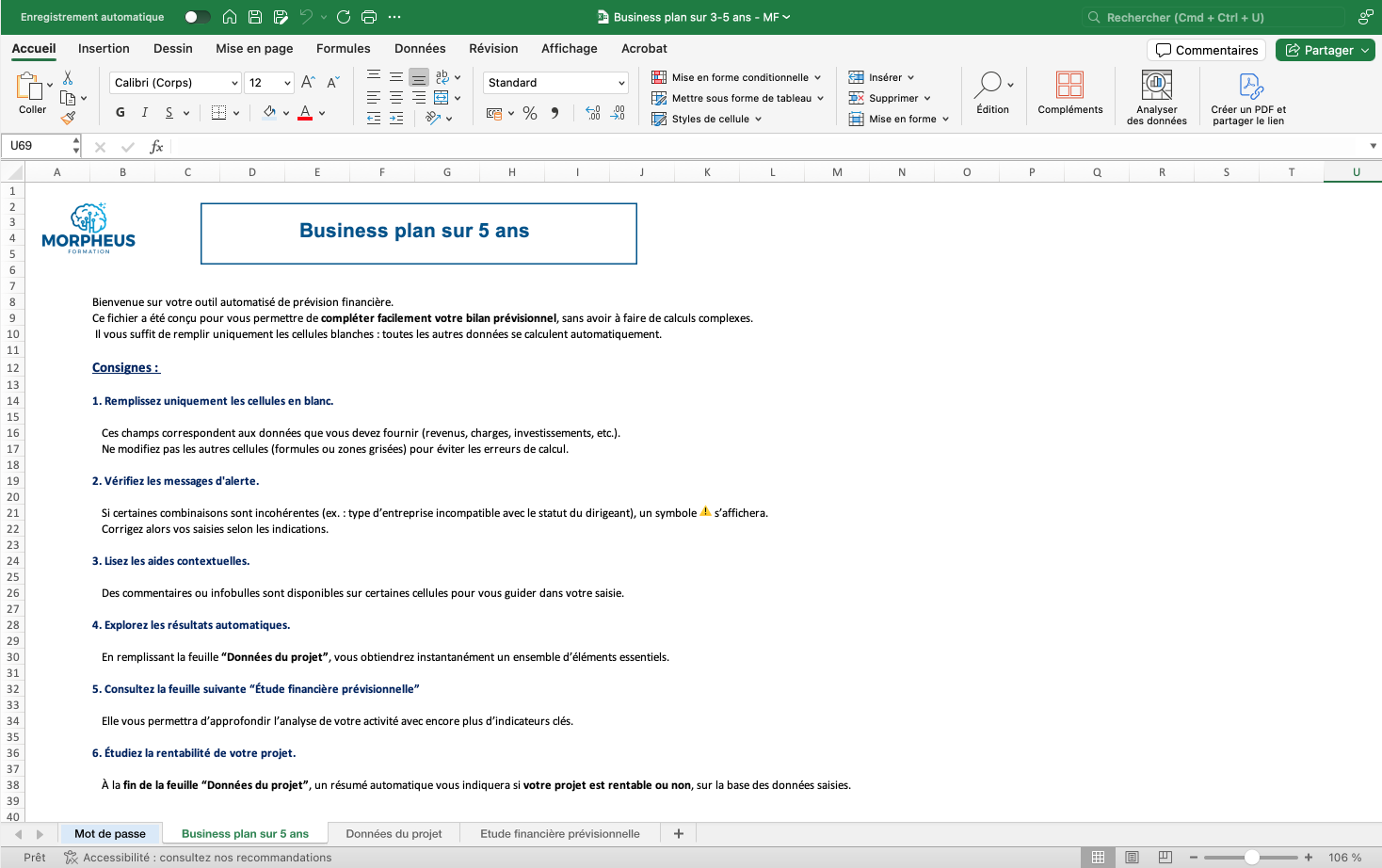 Template business plan Excel - Onglet consignes et informations