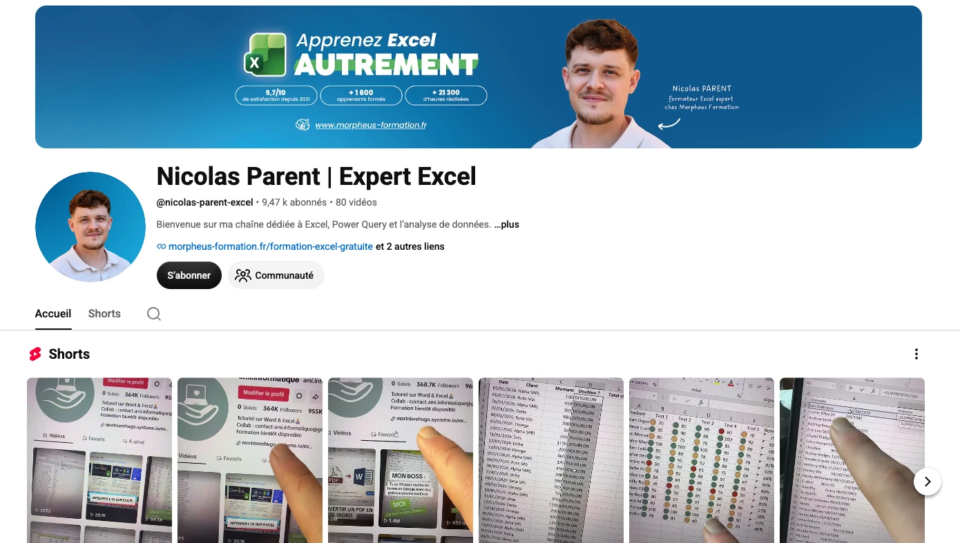 Capture d'écran chaine youtube nicolas parent excel, chaine tutoriels et astuces
