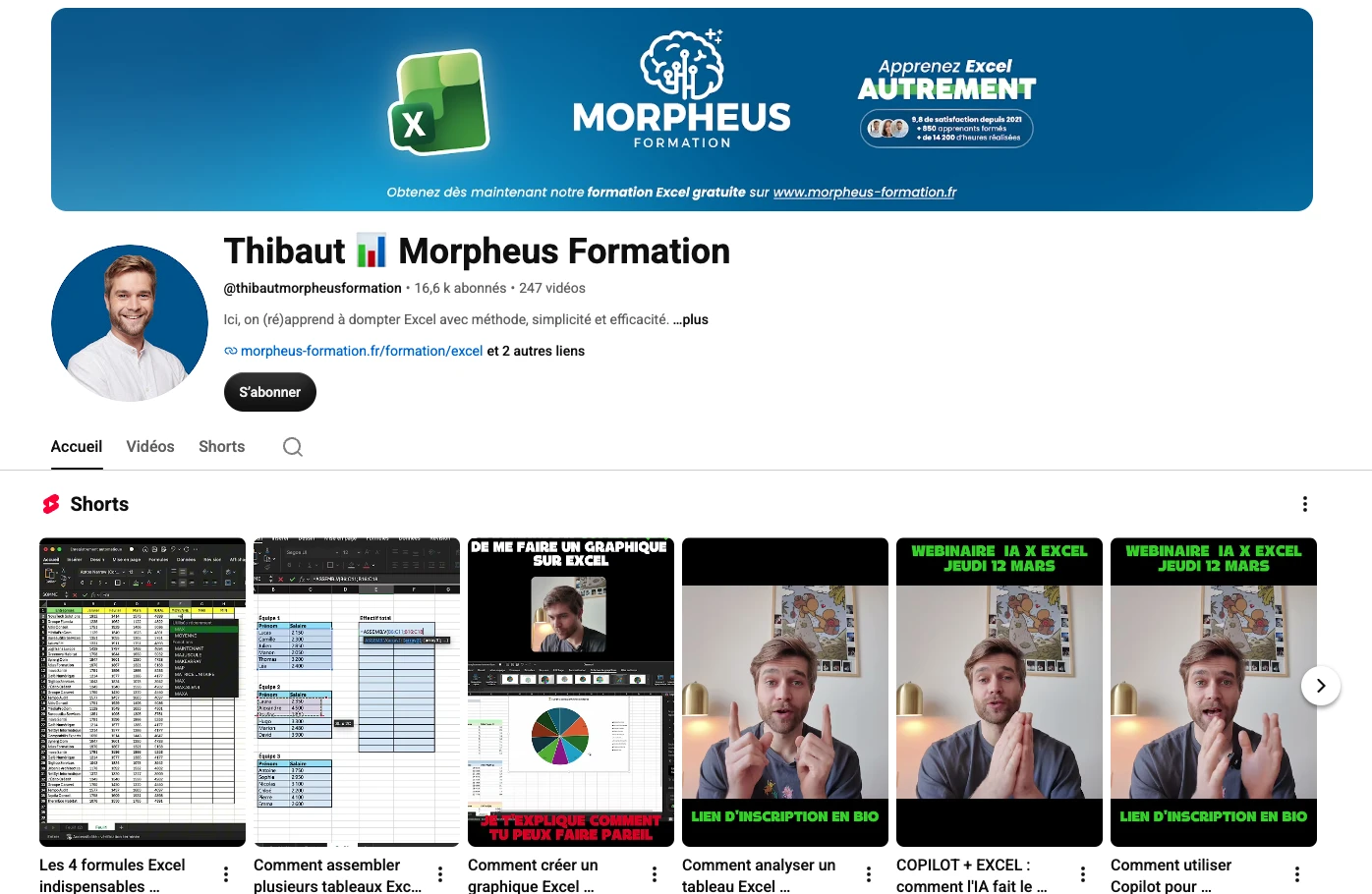 Capture d'écran chaine youtube thibaut meinerad. expert excel, tutos excel