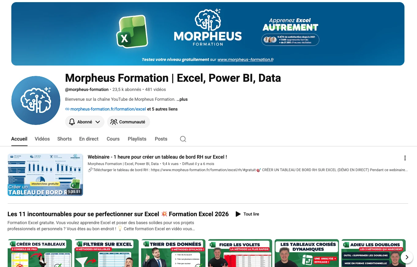 Capture d'écran de la chaine youtube de morpheus formation, tutoriels, webinaires gratuits et formations gratuites excel