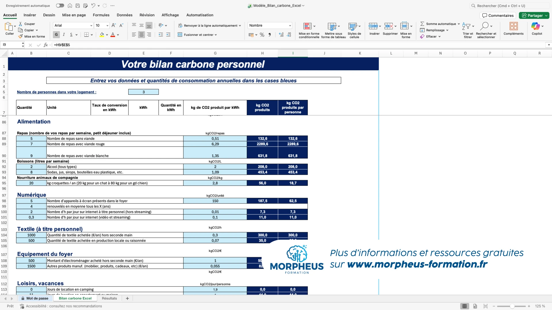 Extrait du fichier Excel bilan carbone gratuit
