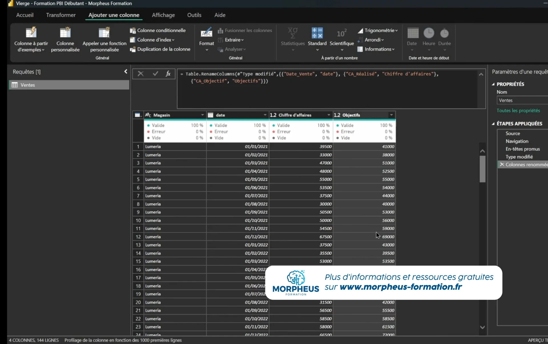 Extrait d'un nettoyage d'une base de données avec Power Query, intégré à Power BI