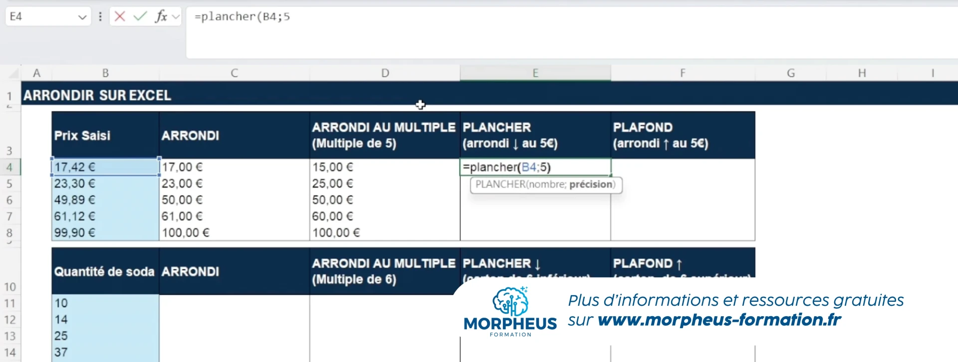 Fonction Plancher EXCEL Arrondir vers le bas au multiple inférieur