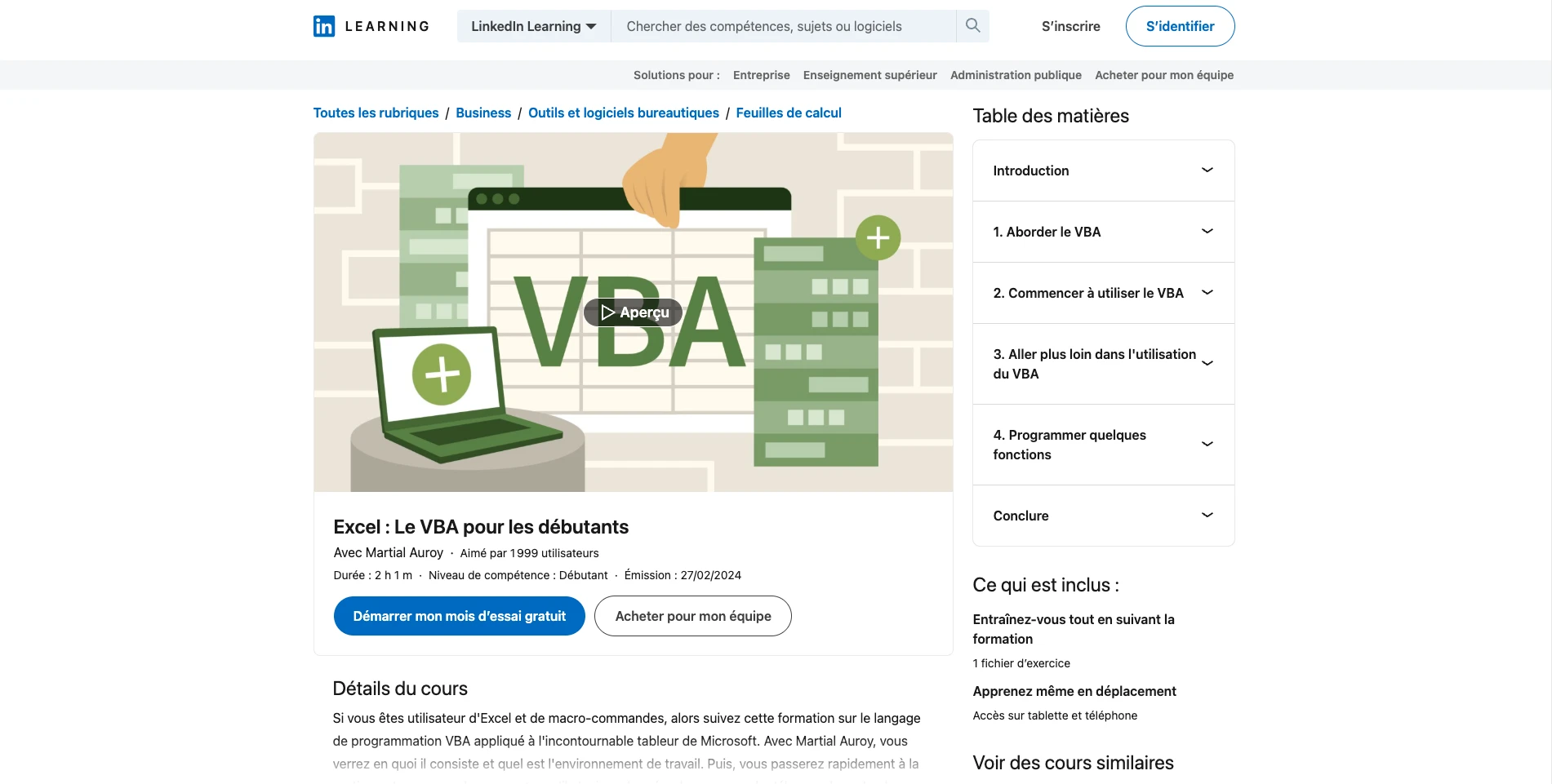 Formation Excel VBA gratuite - linkedin en elearning