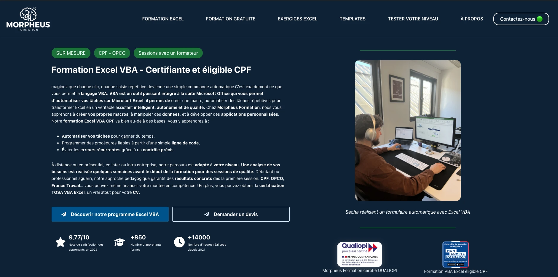 Morpheus formation Excel VBA complète, certifiante TOSA et éligible CPF