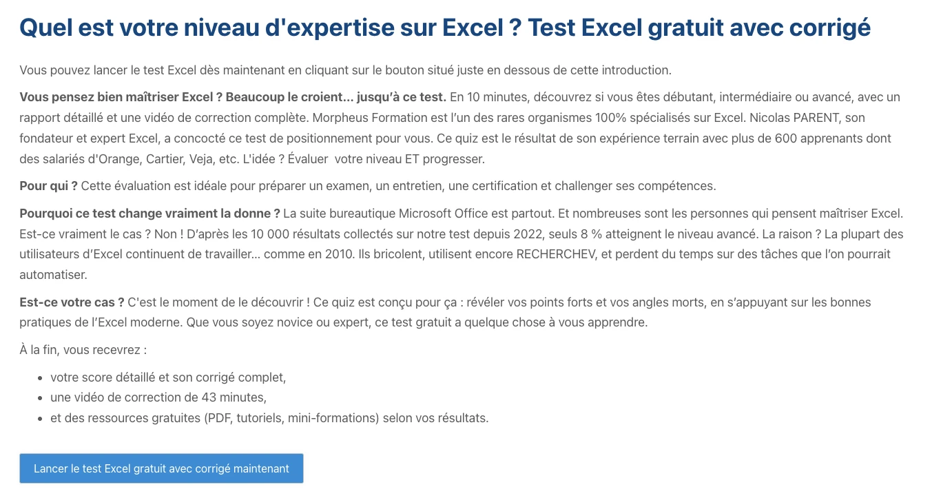 test de niveau excel sur 30 avec corrigé pour connaitre son niveau sur excel