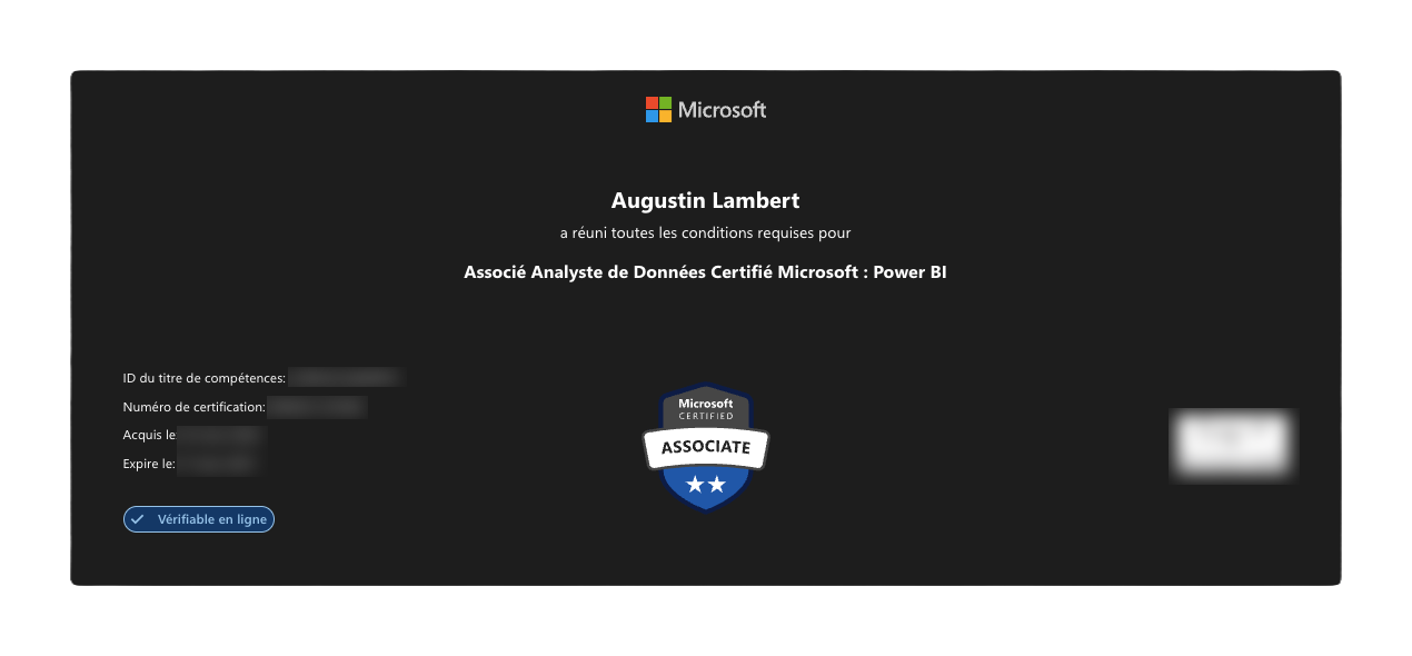 image d'une Certification PL-300 sur Power BI acquises par Augustin Lamnbert