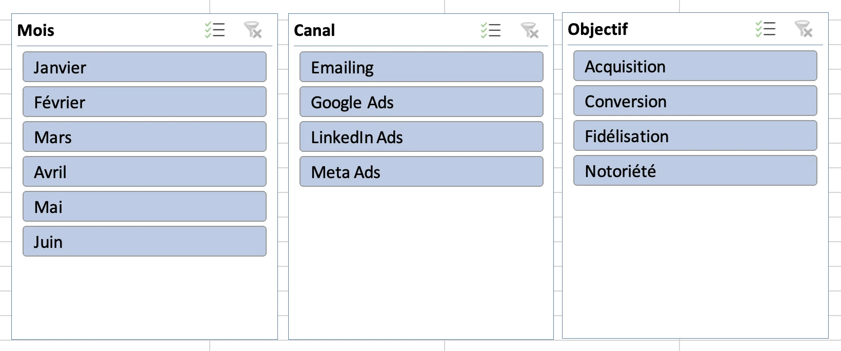 Exemple d'un segment personnalisé sur Excel