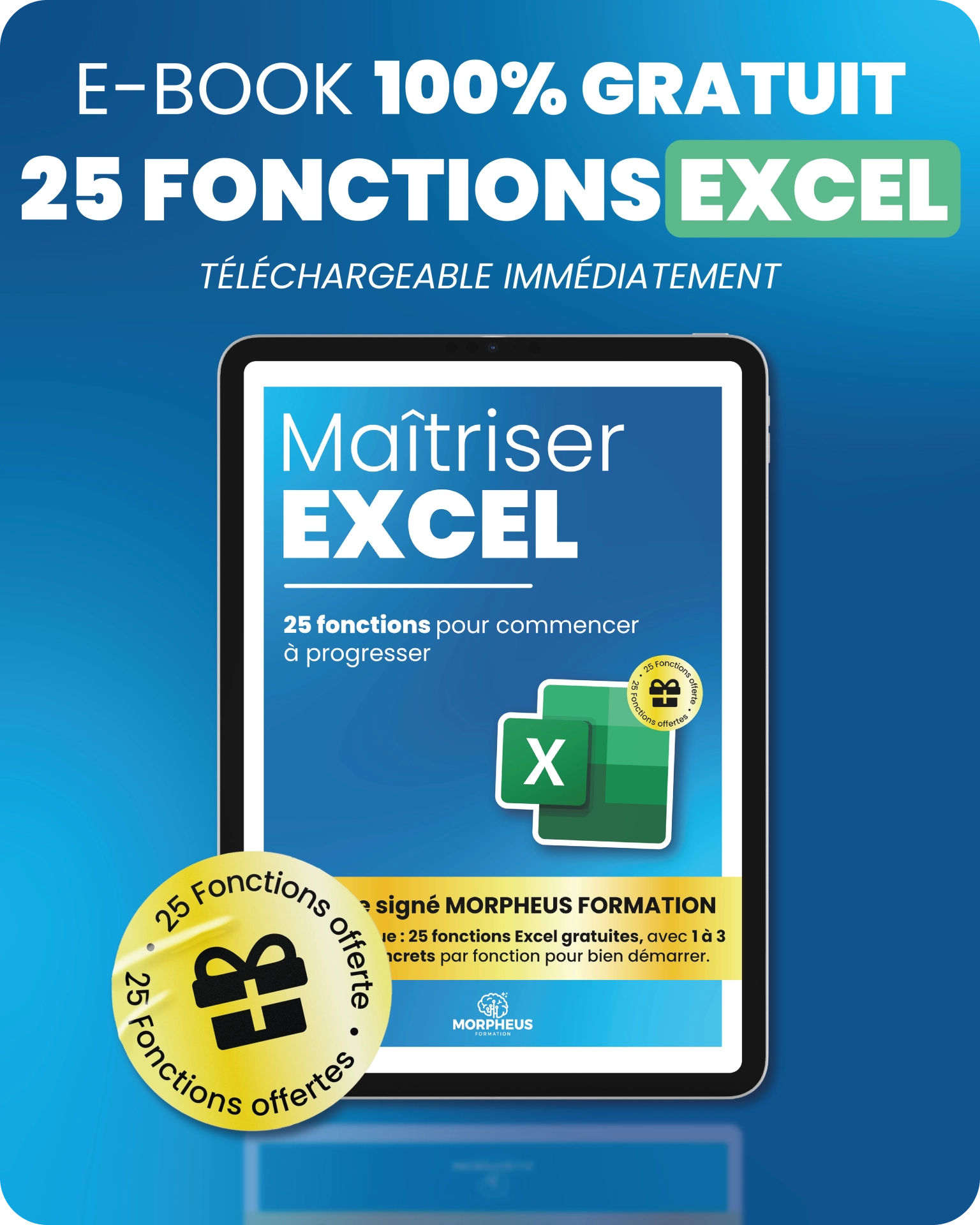 couverture ebook 25 fonctions offertes pour bien débuter sur Excel par morpheus formation