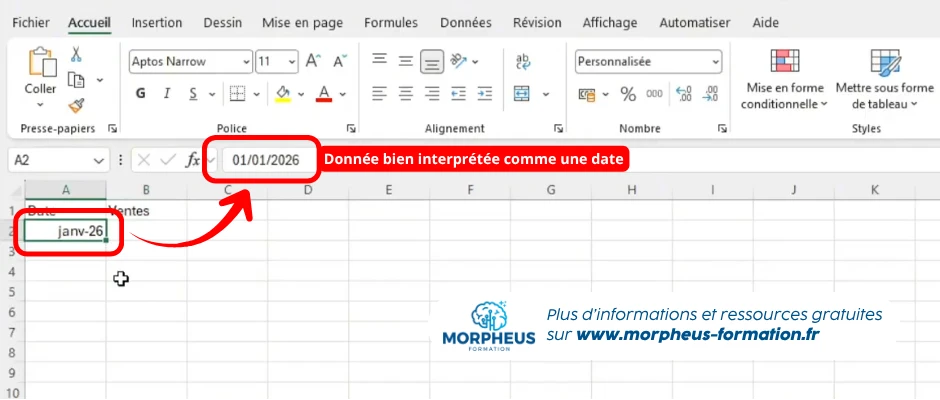 Exemple d'une donnée bien interprétée comme une date sur Excel