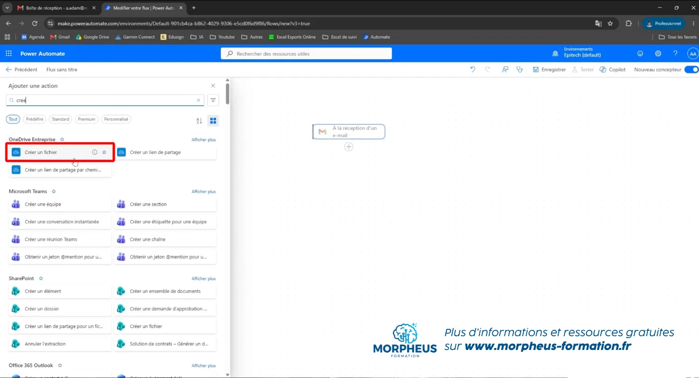 Ajout de l'action Créer un fichier pour l'automatisation Power Automate