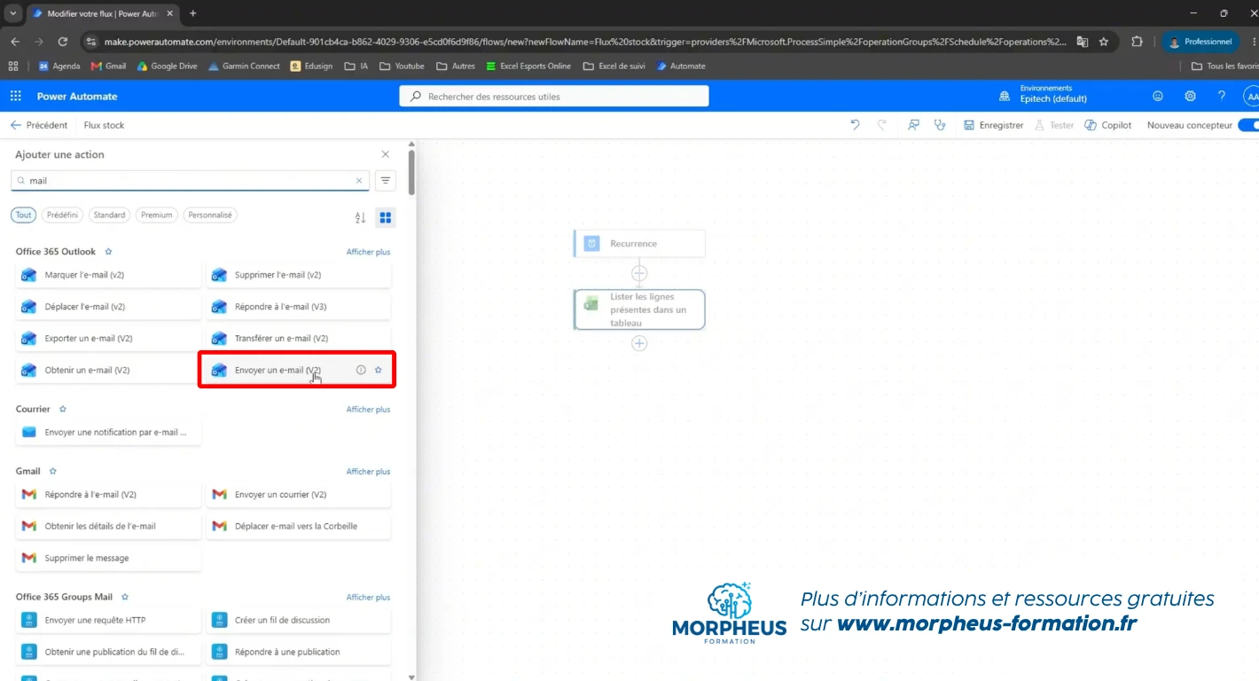 Ajouter l'action Envoyer un e-mail V2 sur Power Automate