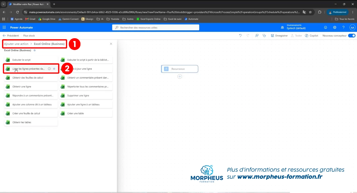 Ajouter l'action vers le fichier excel souhaité de l'automatisation Power Automate