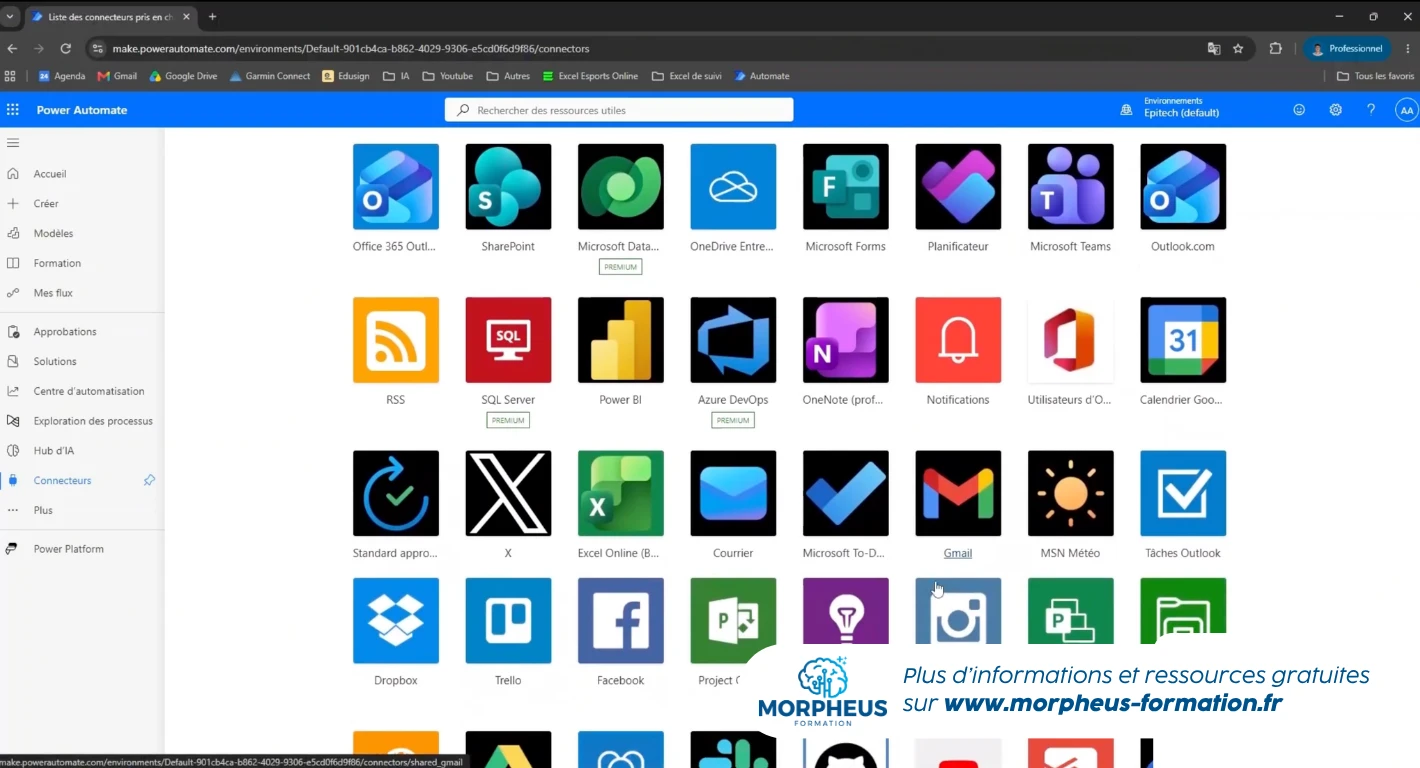 aperçu des logiciels possible de connecter à des automatisation Power Automate