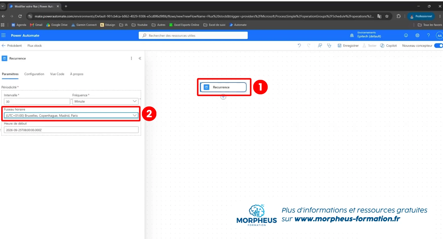 Bien sélectionner le fuseau horaire pour le flux planifié power automate