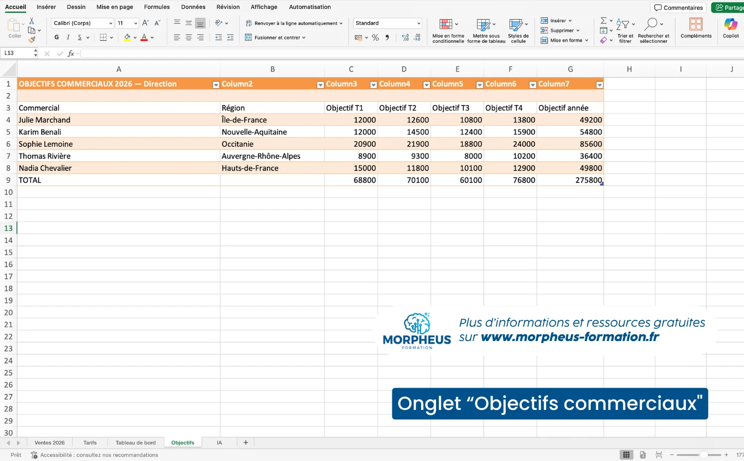 Bonne pratique _ scinder son fichier excel en plusieurs onglet - Exemple objectifs commerciaux