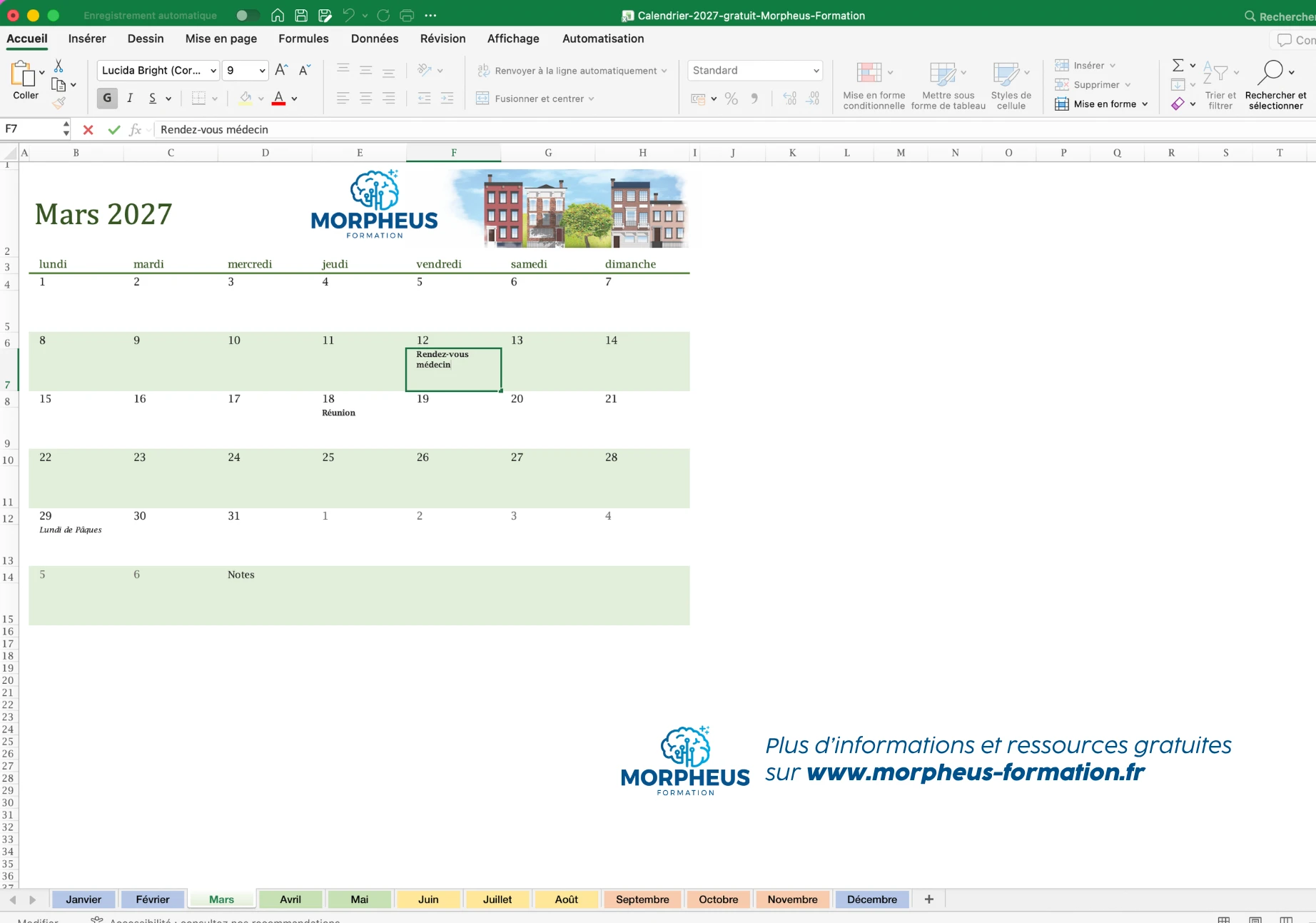 calendrier 2027 excel à télécharger gratuitement - exmeple d'annotations sur le fichier pour le personnaliser