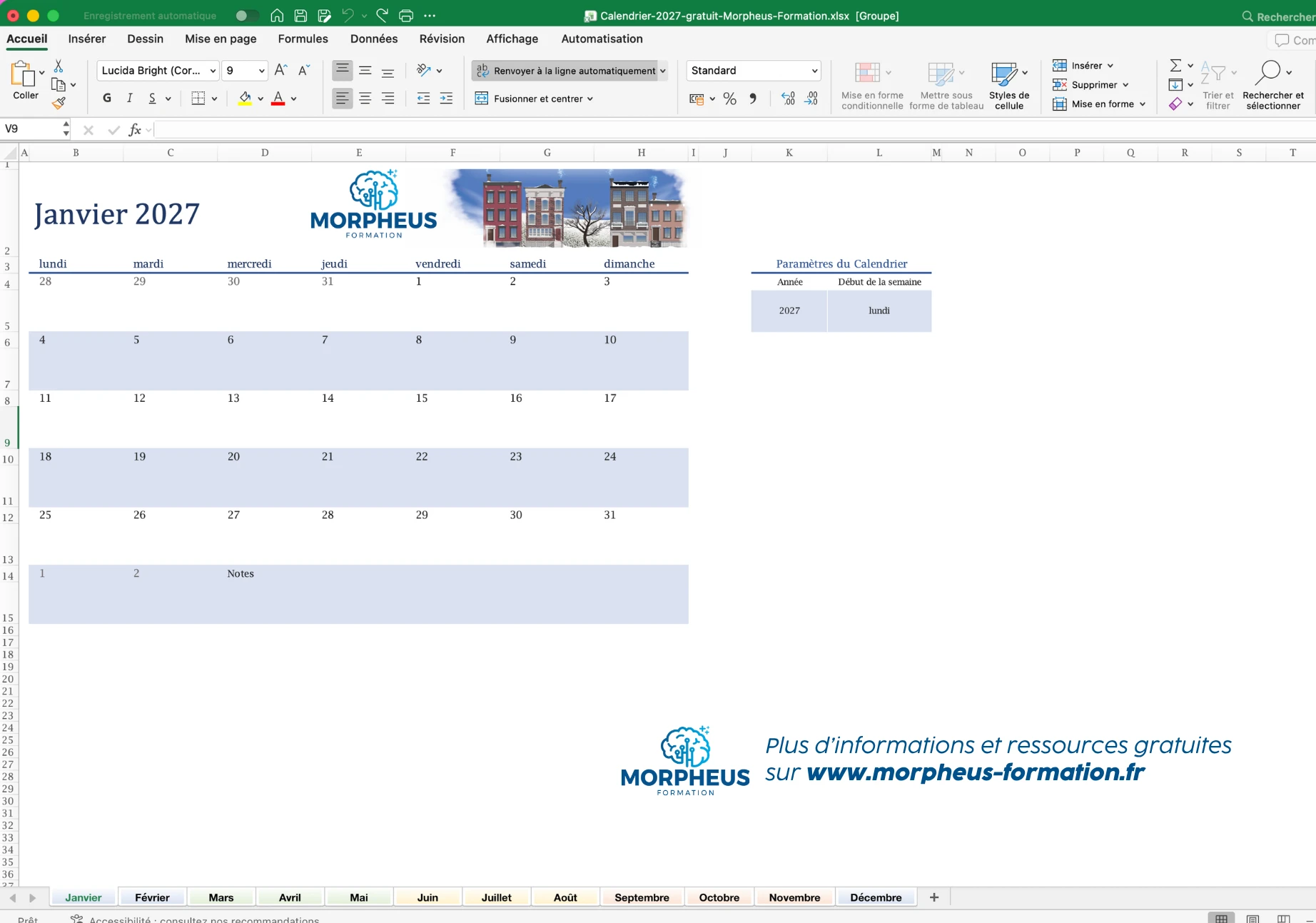 Aperçu du calendrier Excel 2027 prêt à l'emploi