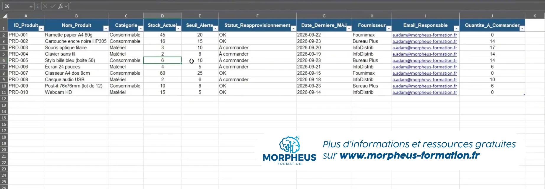 Exemple d'un tableau excel bien structuré pour créer une automatisation avec Power automate
