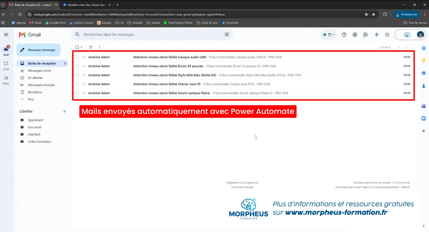Exemples de mails envoyés automatiquement avec l'automatisation réalisée avec Power Automate