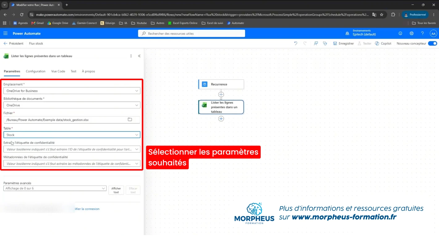 Paramètres de l'actions Lister les lignes présentes dans un tableau
